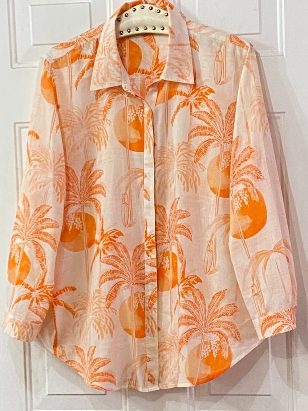 Haute Hippie Sz XL Womens Blouse Button Up Shirt Long Sleeve Orange Tropical